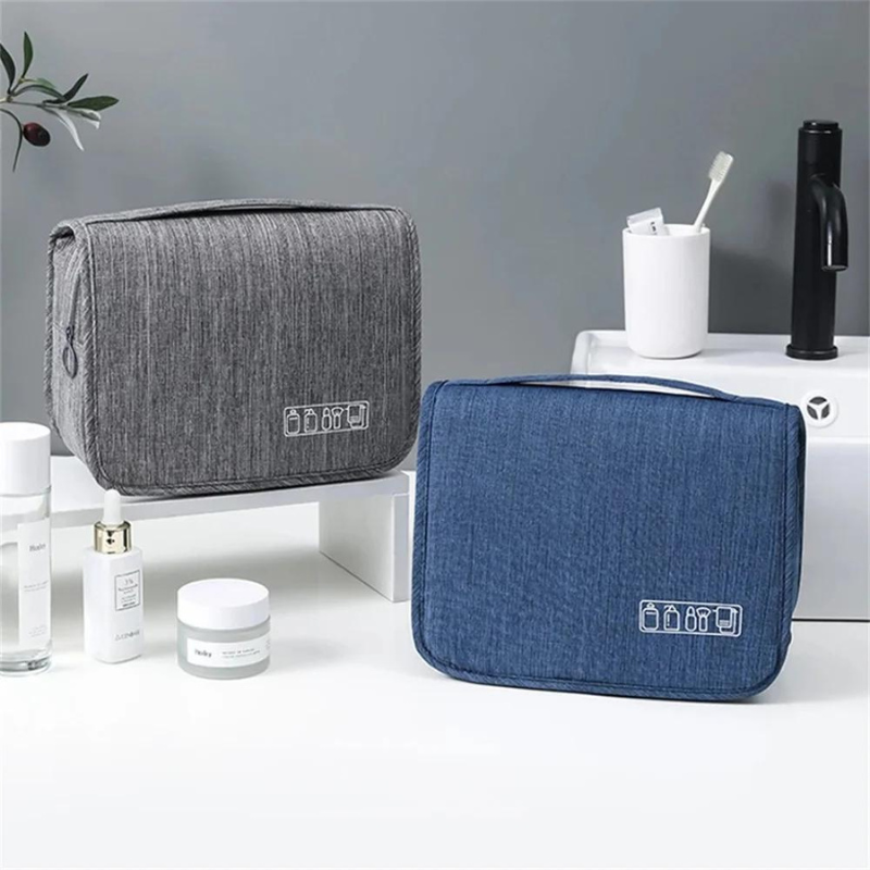 Hanging Travel Toiletry Bag with Built-In Hook and Waterproof Pockets grey and blue